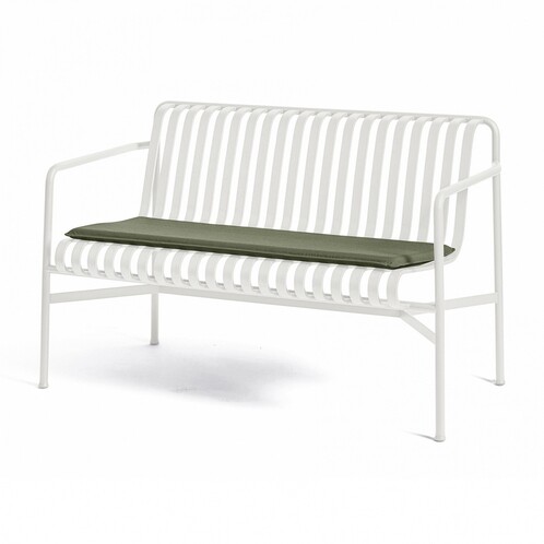 HAY Palissade weiße Gartenbank aus Metall mit olivgrünem Sitzkissen in modernem Design für Außenbereiche. - Palissade Sitzkissen 107,5x43,5cm