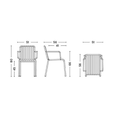 HAY Palissade Stuhl-Skizzen mit Maßen, modernes Design, strapazierfähiges Metall, Außenbereich-Möbelkollektion, seitliche und Frontansichten. - Palissade Gartenarmlehnstuhl Feuerverzinkt 4er Set