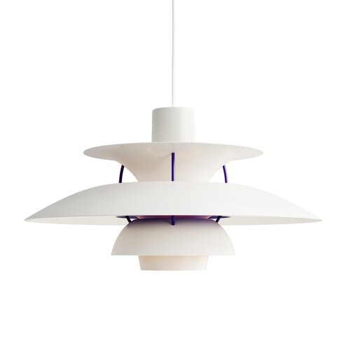 Louis Poulsen - PH 5 Pendelleuchte - klassisch weiß/matt pulverbeschichtet/Verbindungsstäbe lila/H 26.7cm/Ø 50cm