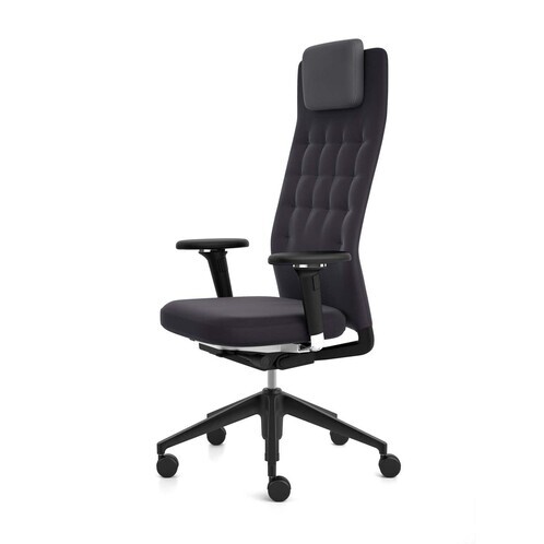 Vitra - ID Trim L Citterio - Chaise bureau accoudoirs 3D - noir nero/piètement basic dark noir/étoffe Plano/appuie-tête en cuir dimgrey gris foncé/avec des rouleau souple