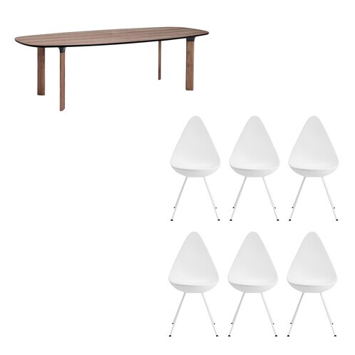 Fritz Hansen - Analog Esstisch + 6 Drop Stühle Set - Tisch: walnuss/Stühle: weiß/Tisch 245x105cm