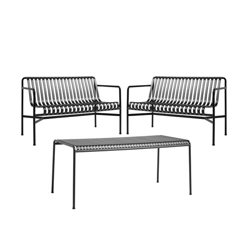 HAY Palissade Gartenmöbel-Set aus Metall, zwei Bänke und ein Tisch in schwarz, modernes Design. - Palissade Gartenset Tisch + 2 Dining Bänke