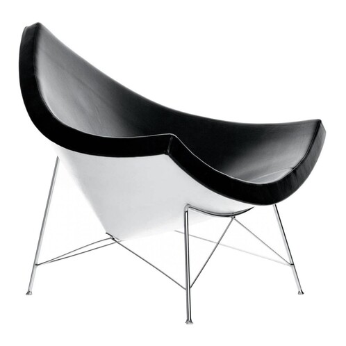 Vitra - Coconut Chair Nelson - Fauteuil - coque blanche/cuir noir/patins de protection y compris