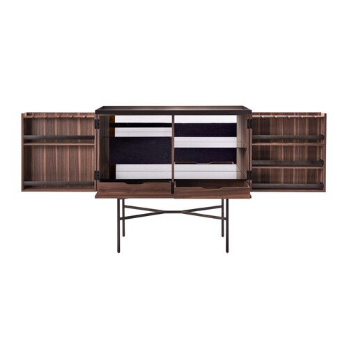 More - Harri - Meuble bar avec éclairage LED L  - noyer/laqué/étagères en verre en gris foncé/structure anthracite/H: 105cm